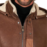 Men’s Tan Shearling Lambskin Leather Coat with Detachable Parka Hood
