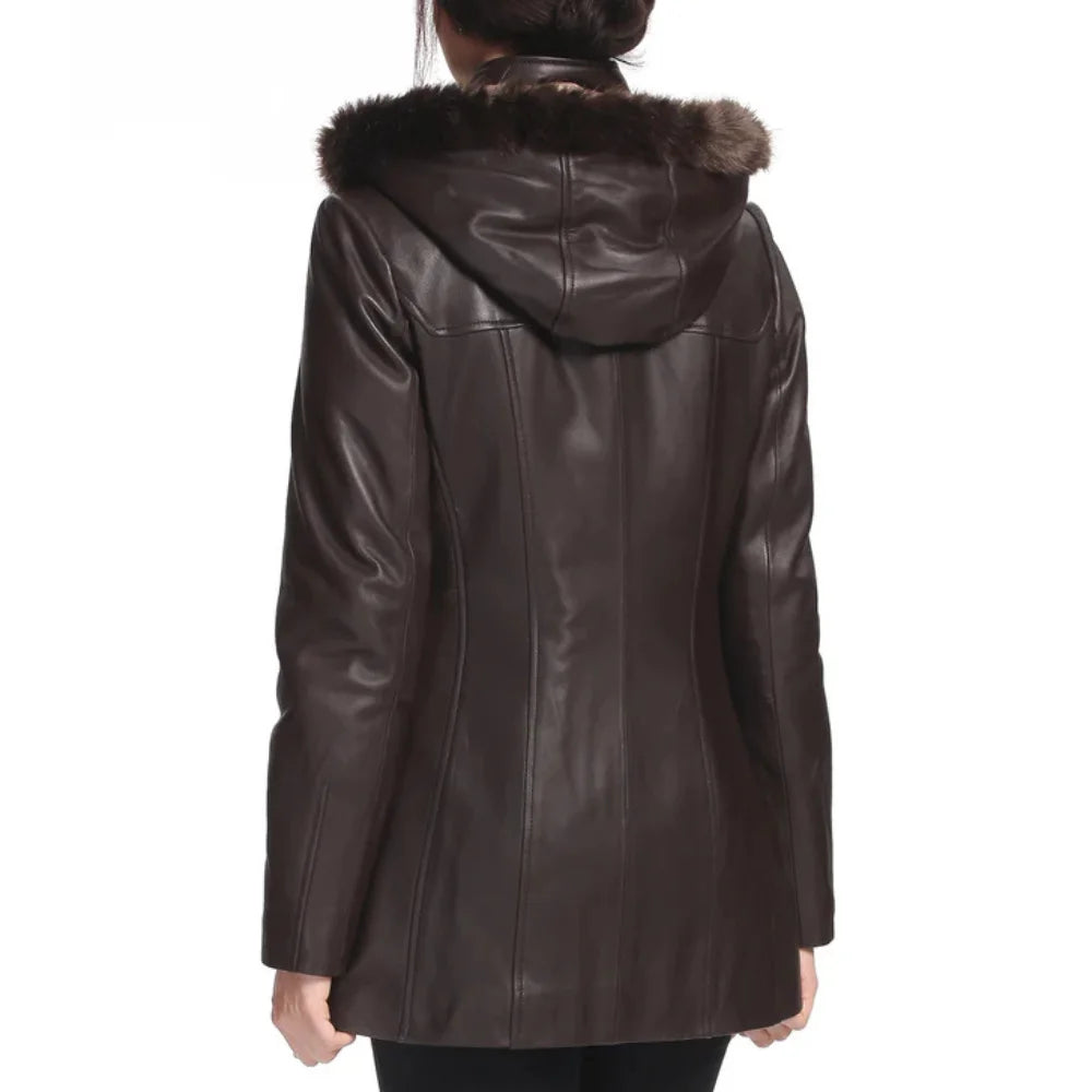 Women’s Amanda Lambskin Leather Toggle Coat with Hood