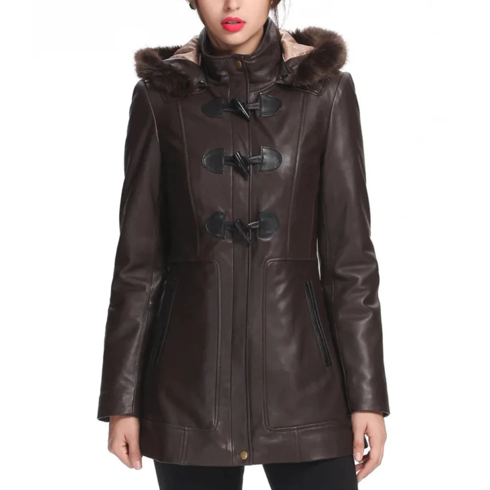 Women’s Amanda Lambskin Leather Toggle Coat with Hood