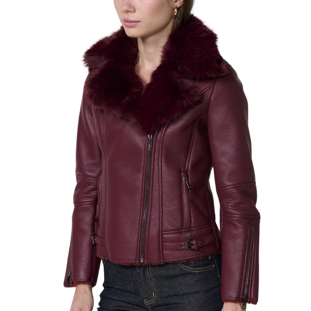 Women’s Burgundy Leather Jacket with Fur Collar