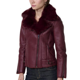Women’s Burgundy Leather Jacket with Fur Collar