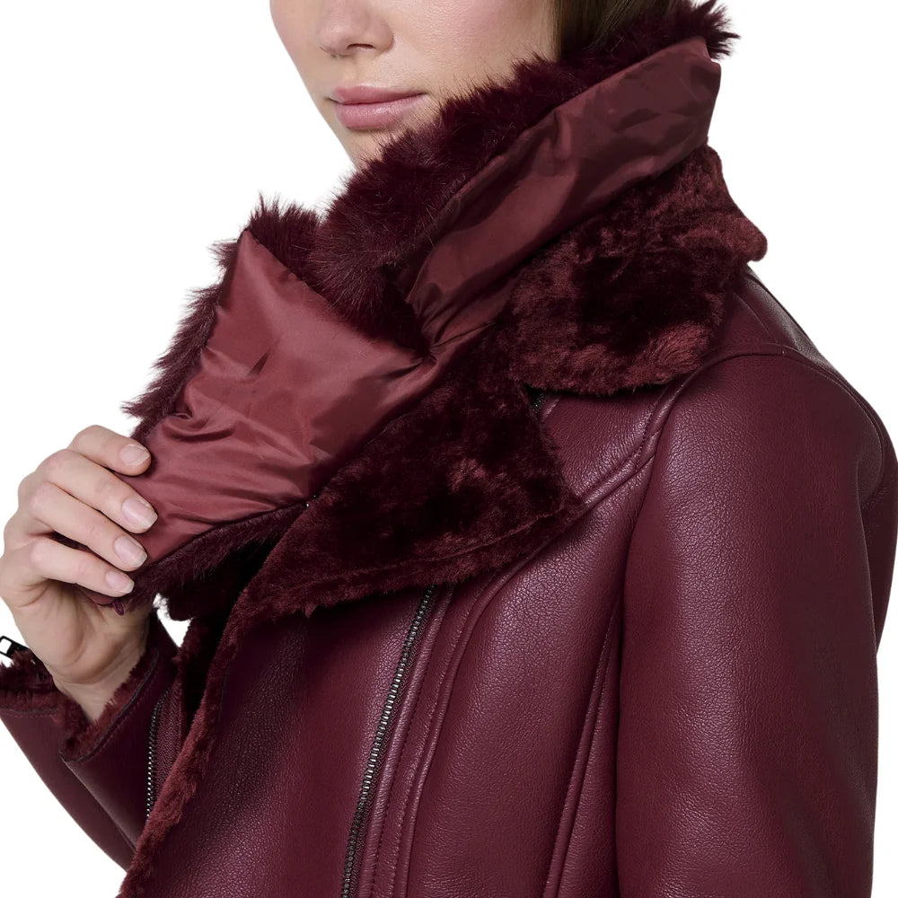 Women’s Burgundy Leather Jacket with Fur Collar