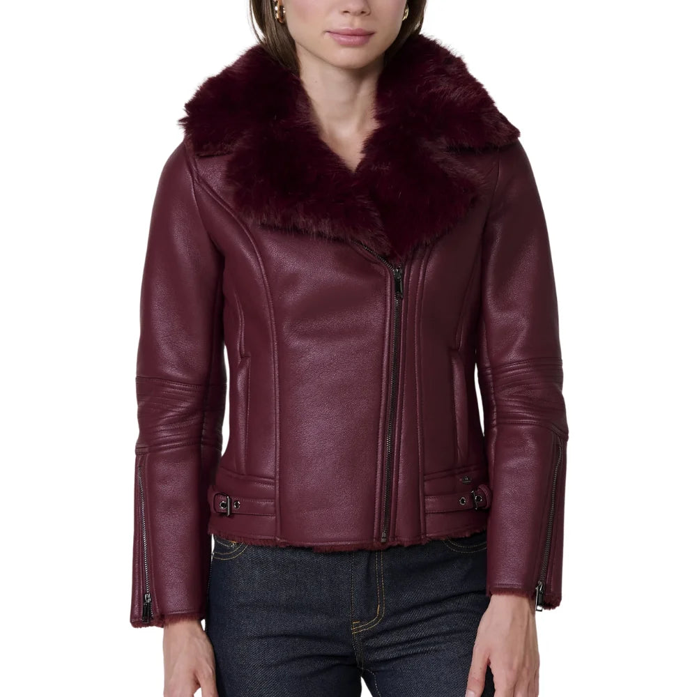 Women’s Burgundy Leather Jacket with Fur Collar