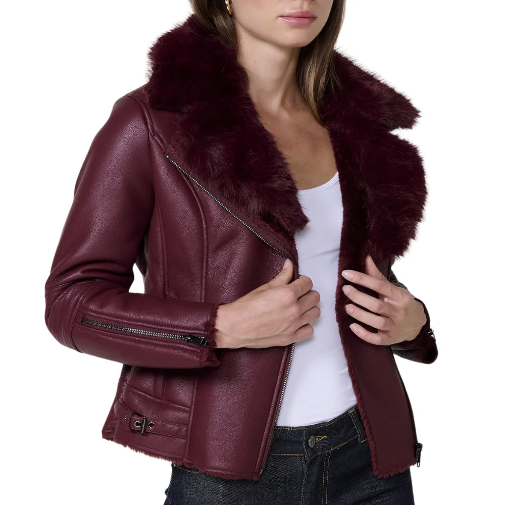 Women’s Burgundy Leather Jacket with Fur Collar
