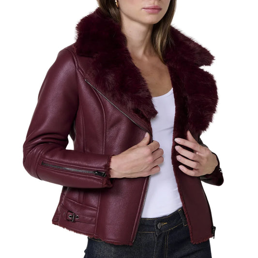 Women’s Burgundy Leather Jacket with Fur Collar