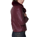 Women’s Burgundy Leather Jacket with Fur Collar