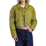 Women’s Green Cropped Real Leather Jacket with Button Front