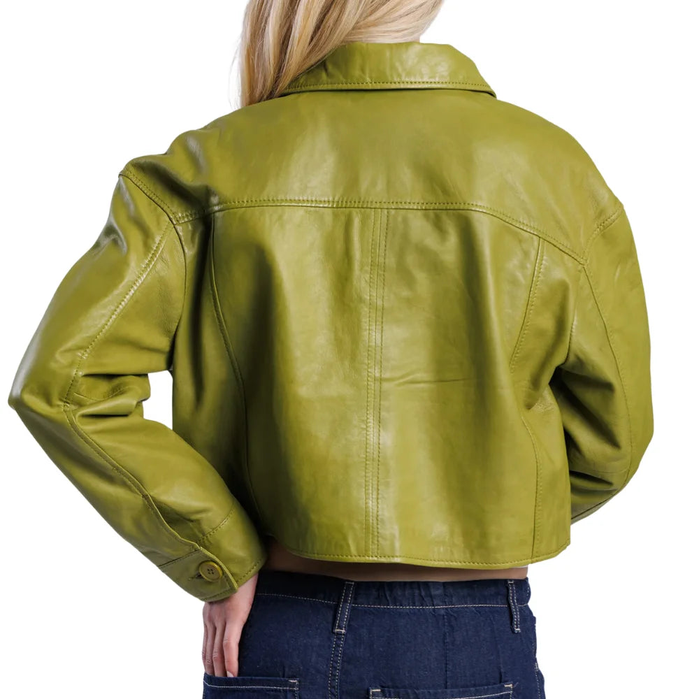 Women’s Green Cropped Real Leather Jacket with Button Front