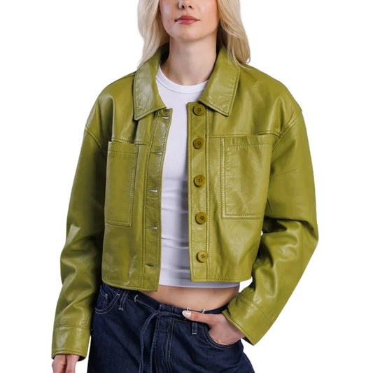 Women’s Green Cropped Real Leather Jacket with Button Front