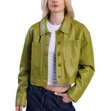 Women’s Green Cropped Real Leather Jacket with Button Front