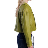 Women’s Green Cropped Real Leather Jacket with Button Front