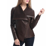 Women’s Asymmetrical Brown Leather Jacket with Wool Blend Overlay