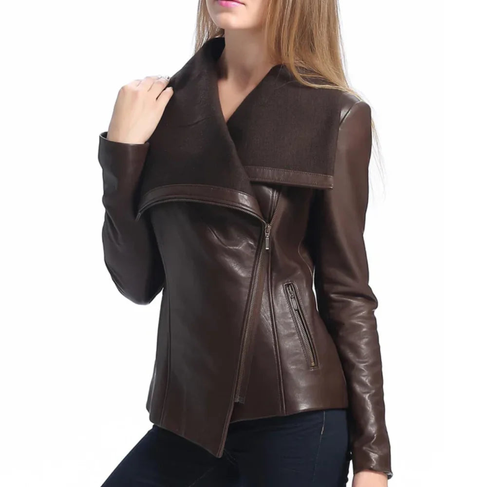 Women’s Asymmetrical Brown Leather Jacket with Wool Blend Overlay