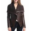 Women’s Asymmetrical Brown Leather Jacket with Wool Blend Overlay