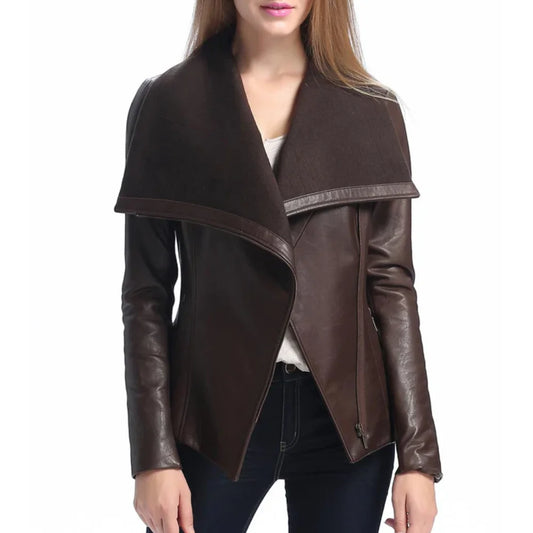 Women’s Asymmetrical Brown Leather Jacket with Wool Blend Overlay