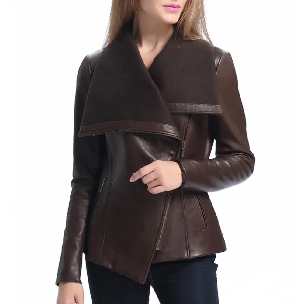 Women’s Asymmetrical Brown Leather Jacket with Wool Blend Overlay