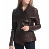 Women’s Asymmetrical Brown Leather Jacket with Wool Blend Overlay