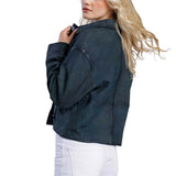 Women’s Deep Teal Blue Cropped Button-Up Leather Jacket
