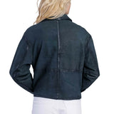 Women’s Deep Teal Blue Cropped Button-Up Leather Jacket