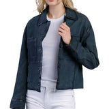 Women’s Deep Teal Blue Cropped Button-Up Leather Jacket