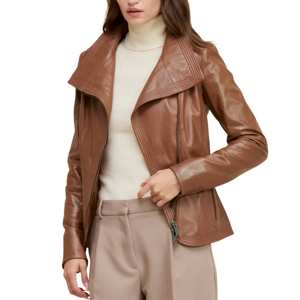 Women’s Tan Moto Leather Jacket with Wide Lapel Collar