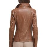 Women’s Tan Moto Leather Jacket with Wide Lapel Collar
