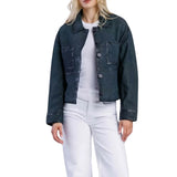 Women’s Deep Teal Blue Cropped Button-Up Leather Jacket