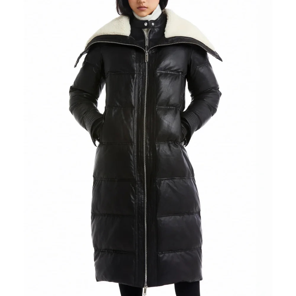 Women’s Full Length Lamb Leather Coat with Funnel Shearling Collar
