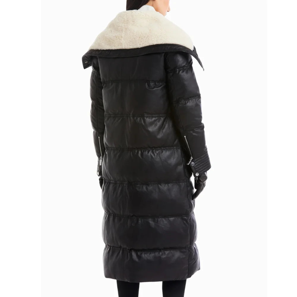 Women’s Full Length Lamb Leather Coat with Funnel Shearling Collar
