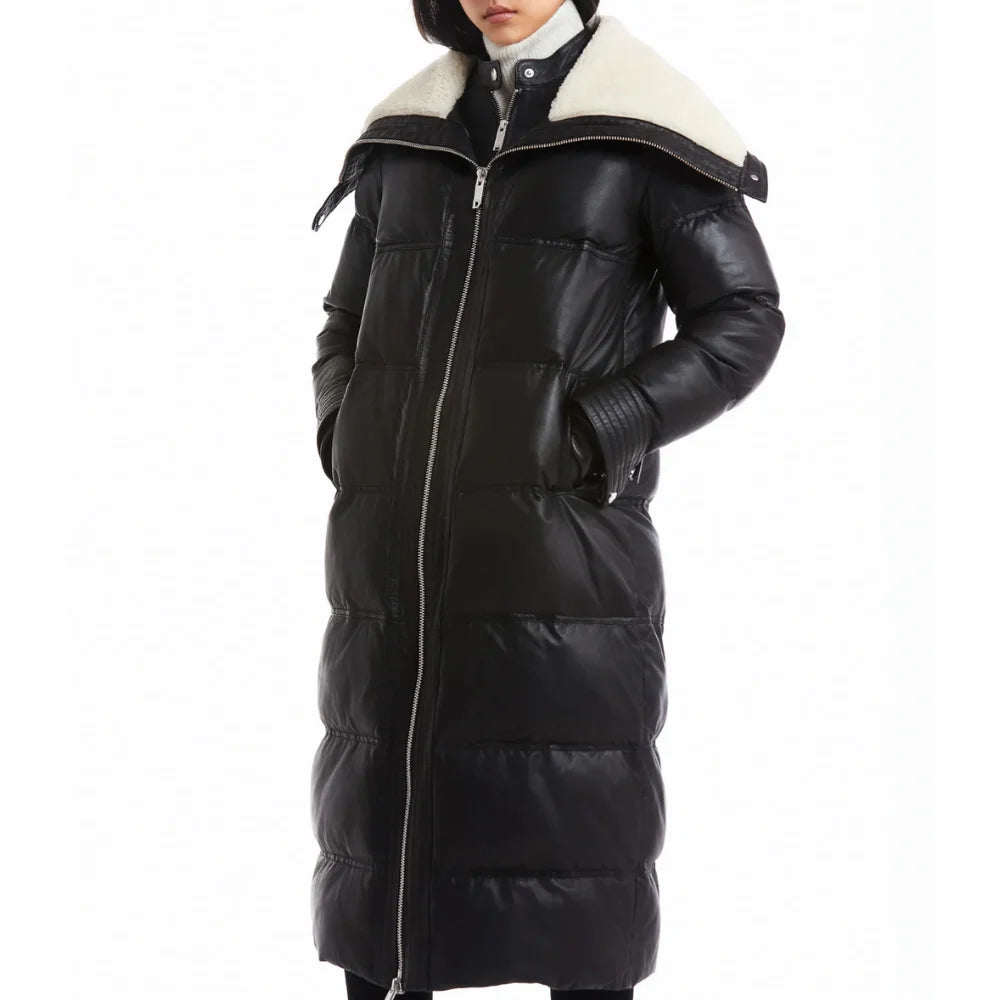 Women’s Full Length Lamb Leather Coat with Funnel Shearling Collar