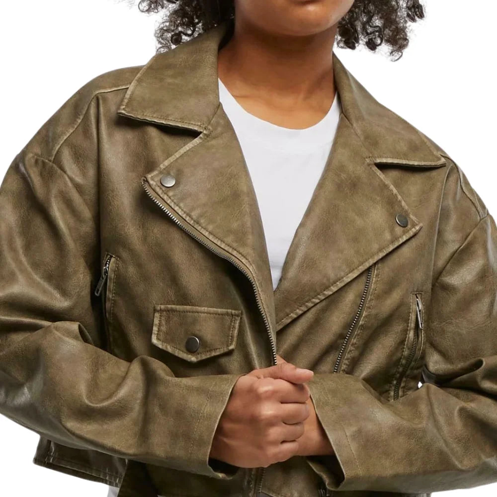 Women’s Olive Green Cropped Leather Biker Jacket