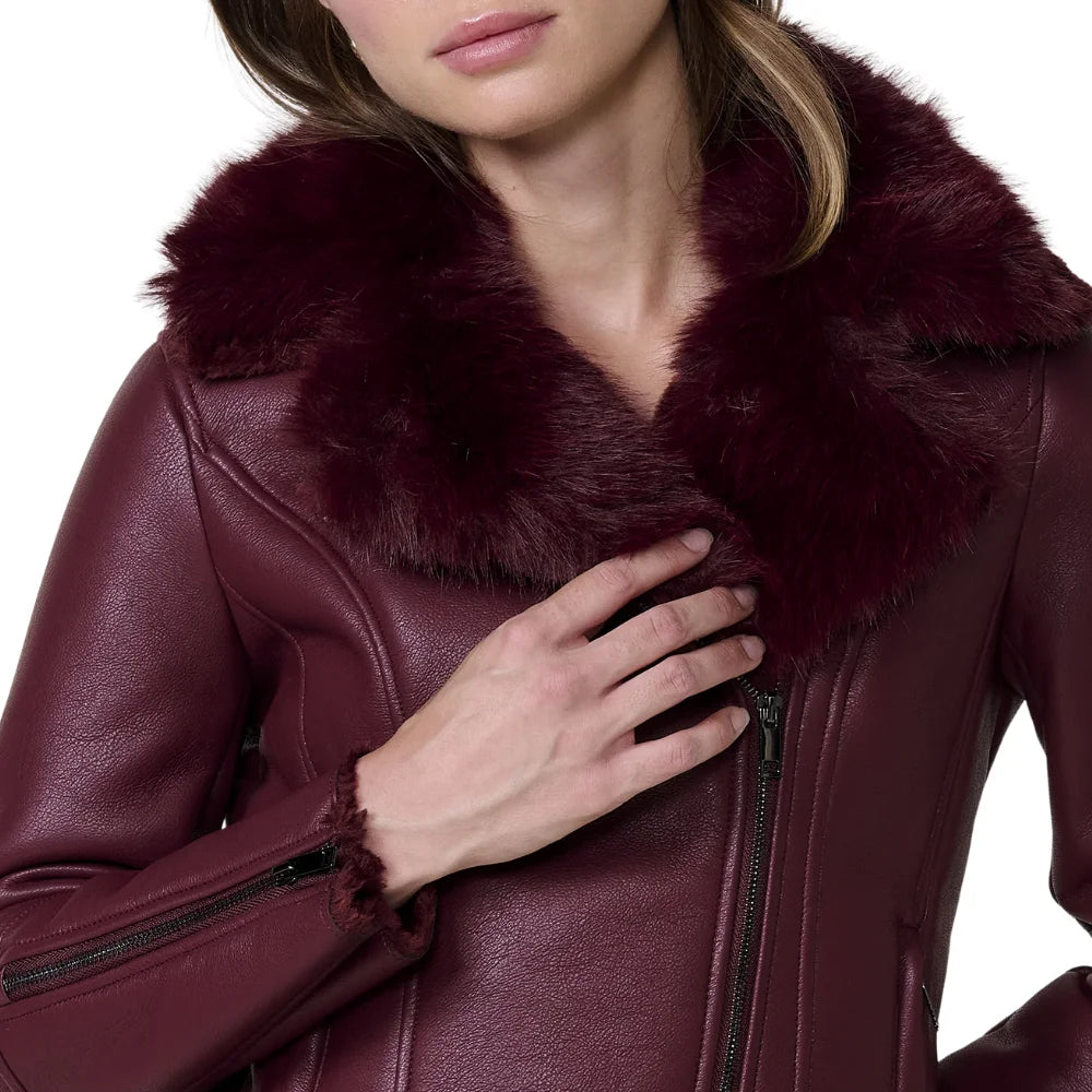 Women’s Burgundy Leather Jacket with Fur Collar