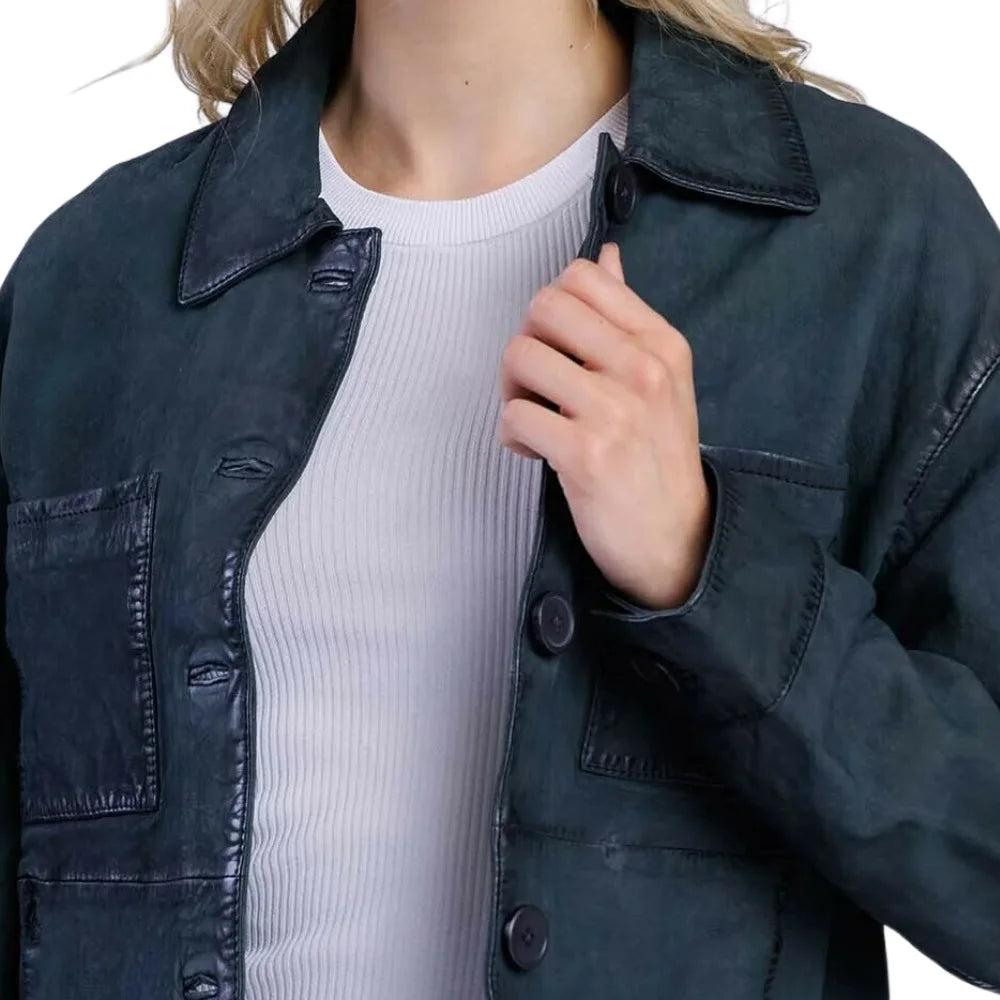 Women’s Deep Teal Blue Cropped Button-Up Leather Jacket