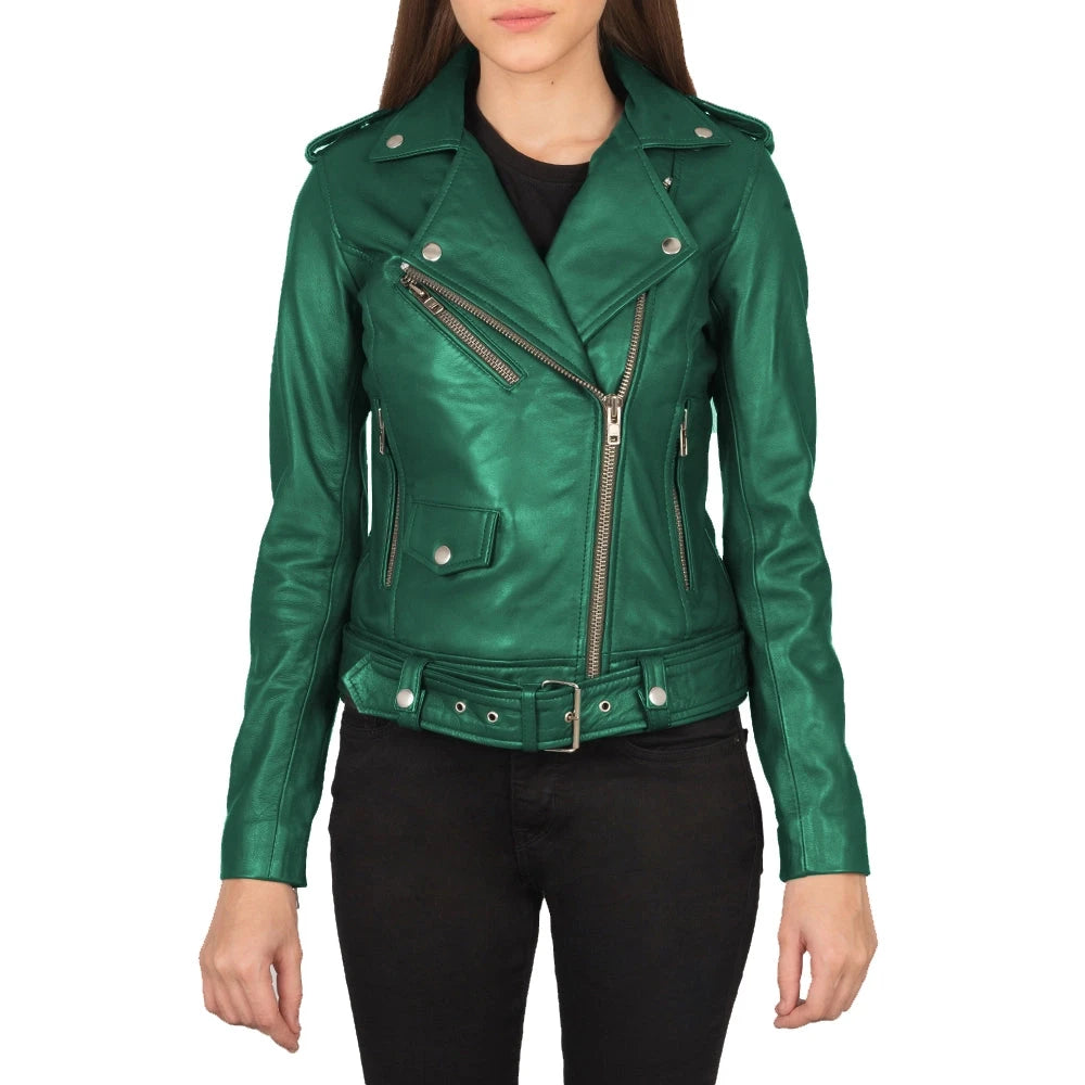 Women's Real Emerald Green Leather Biker Jacket
