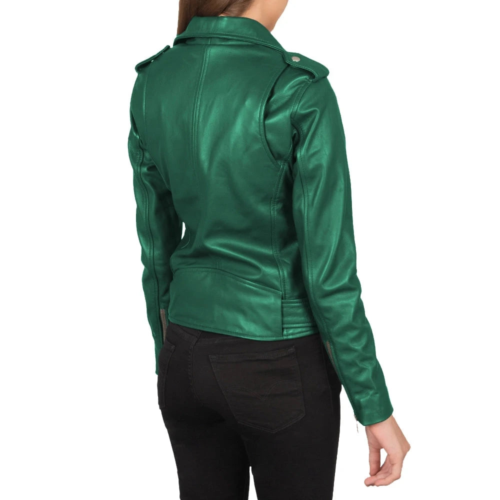 Women's Real Green Leather Biker Jacket
