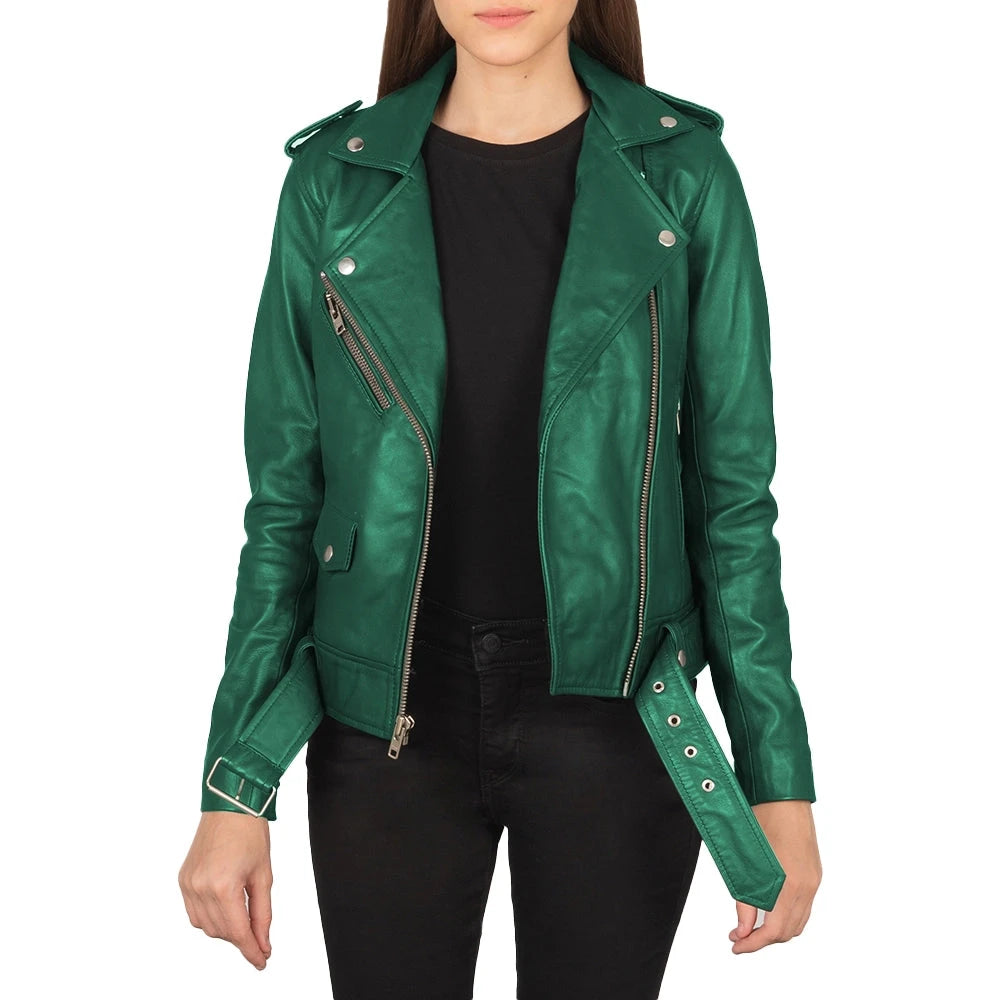 Women's Real Emerald Green Leather Jacket - Front View