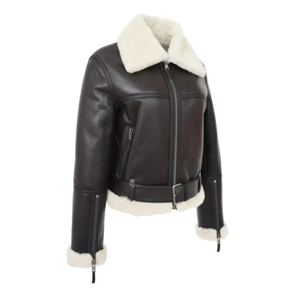 Womens B3 Belted Black Leather Shearling Jacket Aviator