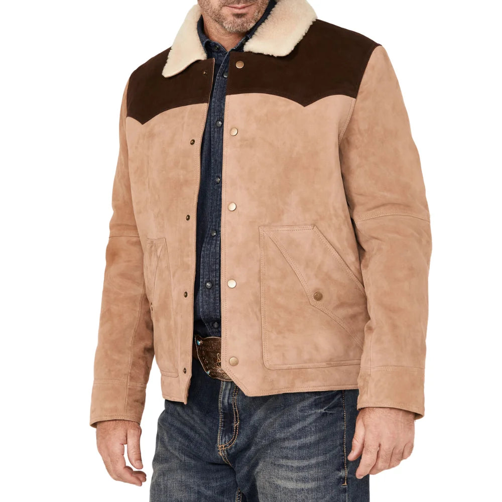 Mens Beige And Brown Suede Shearling Collar John Dutton Jacket