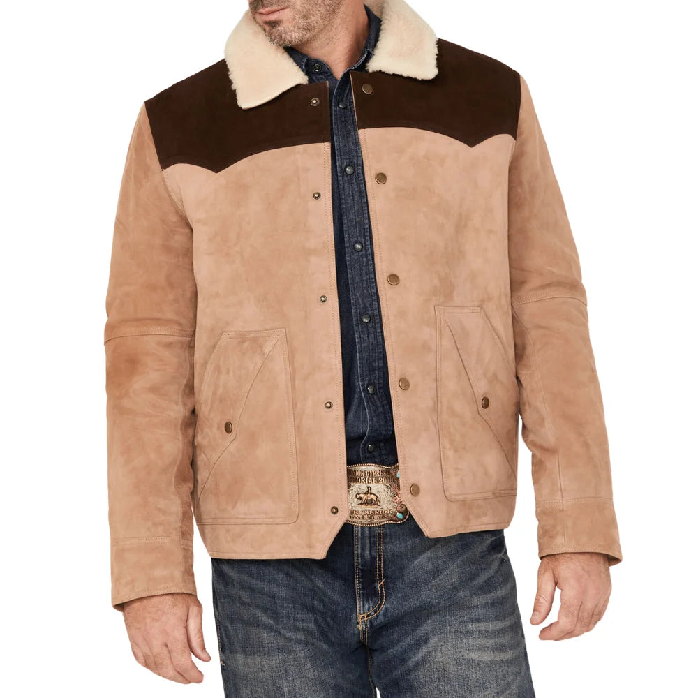 Mens Beige And Brown Suede Shearling Collar Dutton Jacket