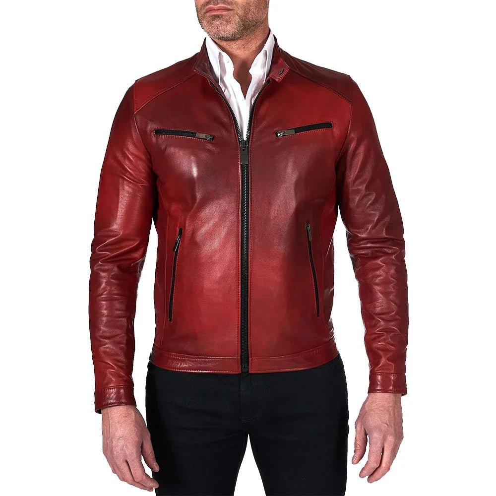Mens Burgundy Lambskin Real Leather Biker Jacket