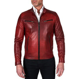 Mens Burgundy Lambskin Real Leather Biker Jacket