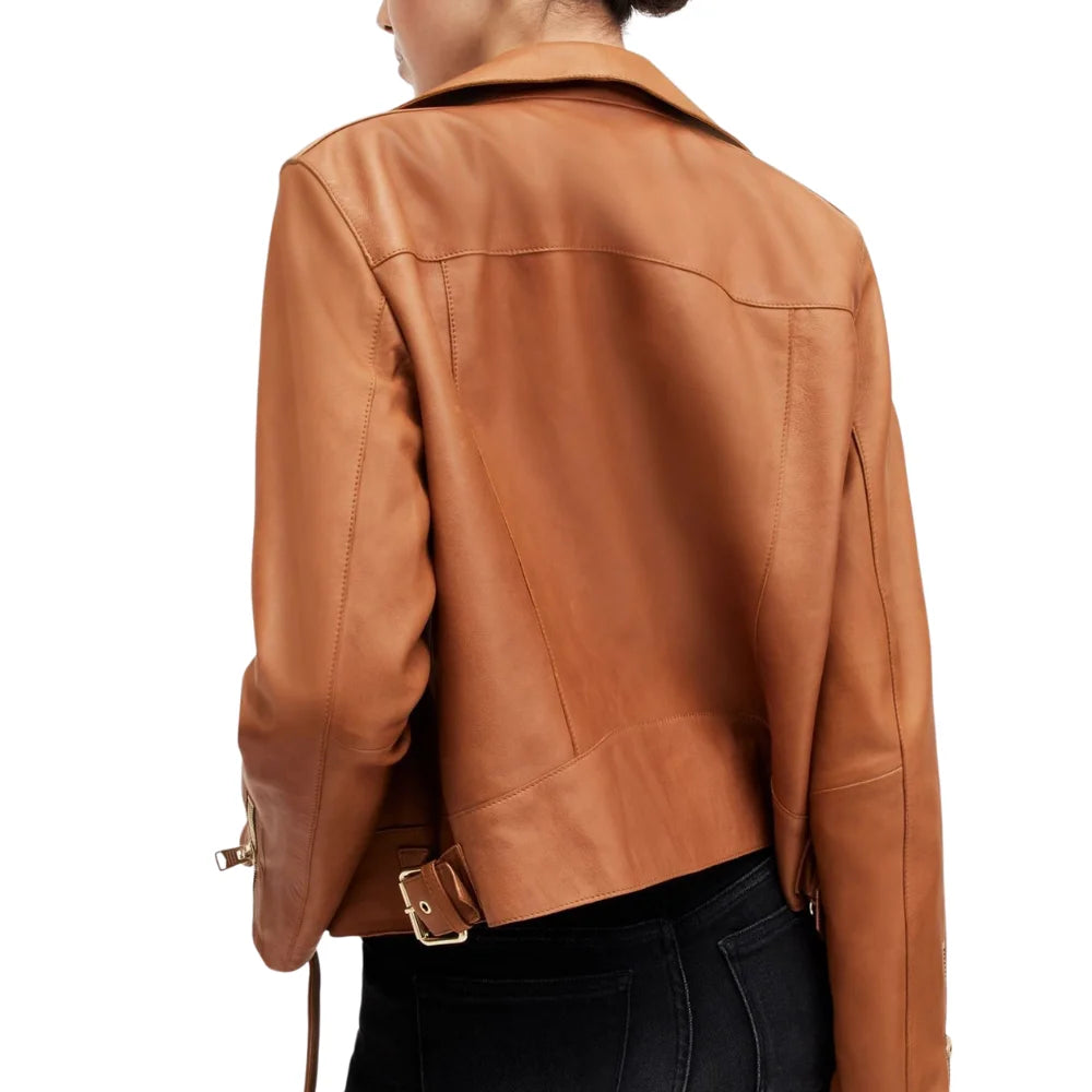 Women’s Tan Real Leather Biker Jacket