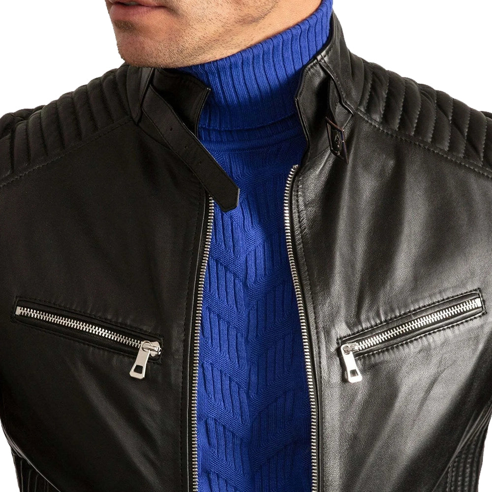 Mens Signature Black Leather Cafe Racer Jacket