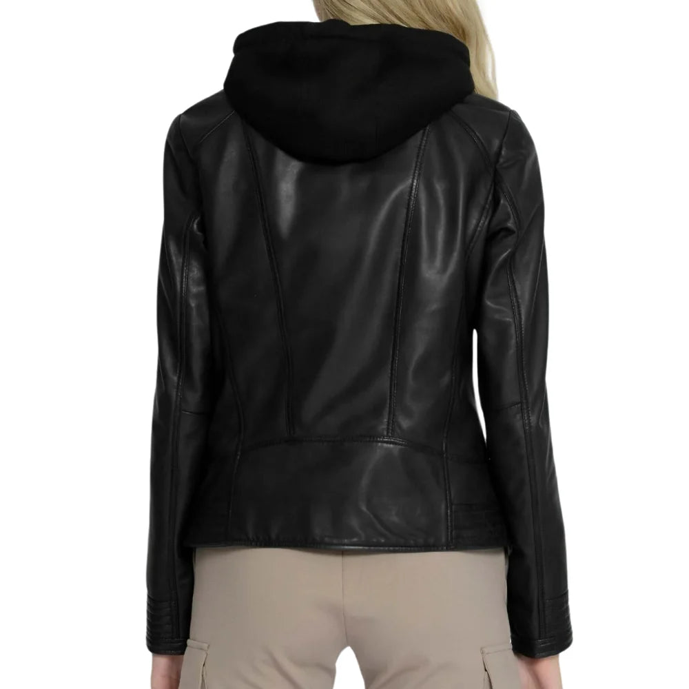 Women's Black Hooded Leather Moto Jacket