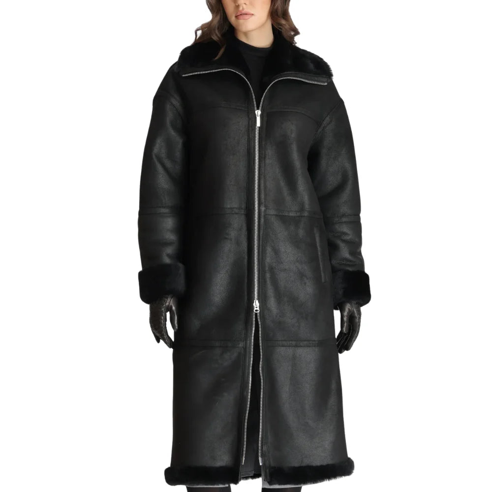 Women’s Full-Length Black Shearling Leather Coat – Ultimate Winter Warmth