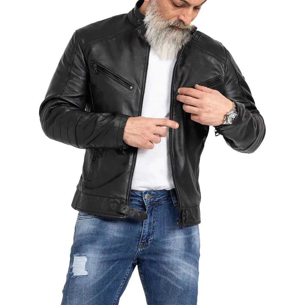 Model Wearing Men's Vintage Slim Fit Black Motorcycle Jacket Leather