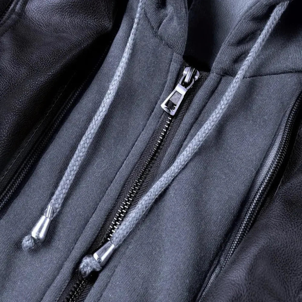 Men's Distressed Leather Jacket with Removable Hood