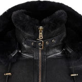Womens Hooded Shearling Black Bomber Aviator Jacket