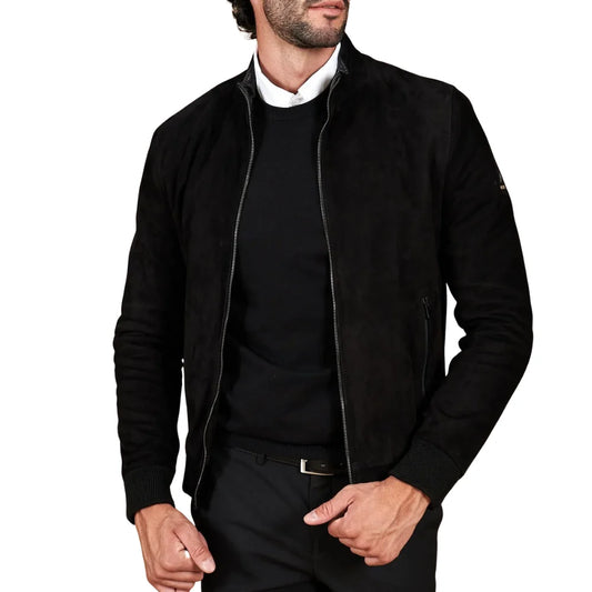 Mens Sheepskin Black Suede Leather Bomber Jacket