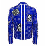 Men's Brando Black and Blue Studded Leather Biker Jacket